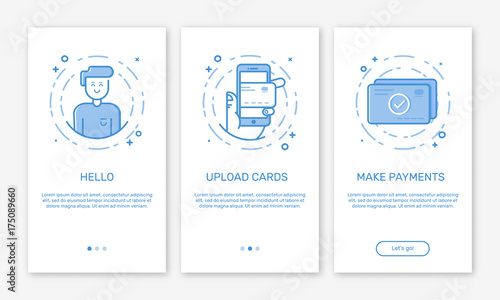 Vector Illustration of onboarding app screens and web concept with welcome, mobile, credit cards in line style.