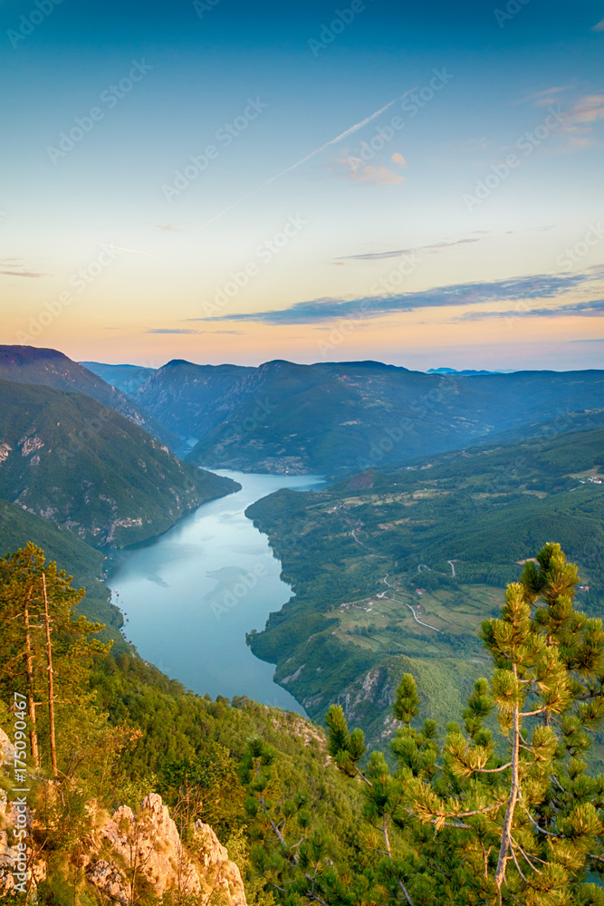 Fototapeta premium View of the Banjska stena Tara mountain landscape with the sunrise