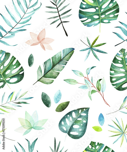 Watercolor tropical seamless pattern. Pattern with tropical leaves and branches. Perfect for design wedding cards,cover,wallpapers,patterns,invitations.