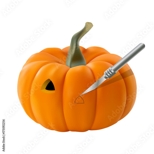Vector illustration of pumpkin with carved eye. Pumpkin carving with knife.