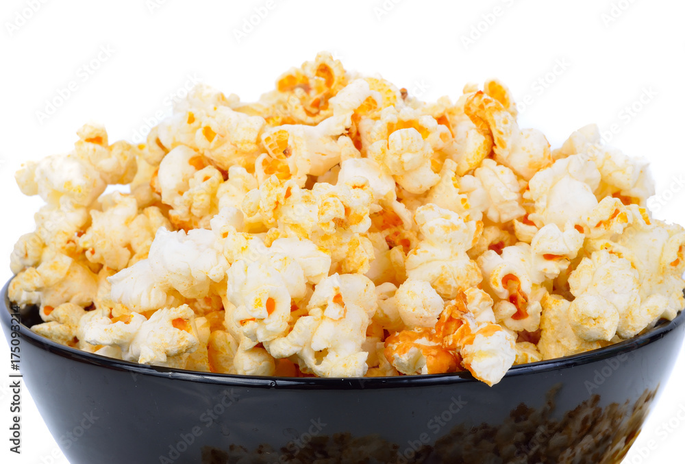 Popcorn in bowl on white background Popcorn in bowl on white background