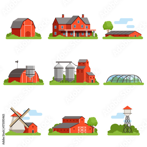 Farm house and constructions set, agriculture industry and countryside buildings vector Illustrations