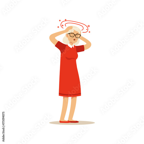 Old Female Character Feeling Vertigo Migraine Headache Colourful vector Toon Cute Illustration