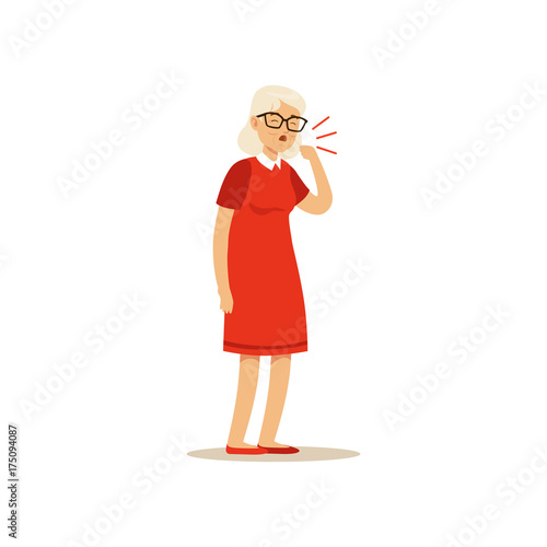 Old Female Character Coughing Colourful vector Toon Cute Illustration