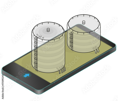 Outlined gasoline cistern, isometric building in mobile phone. Diesel, fuel supply resources. Gas tank on pillars in communication technology, paraphrase. Water reservoir. Isolated master vector icon.