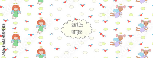 Set of hand drawn cute seamless vector patterns with little angel girls  one holding a cat  hearts  clouds  on a white background.