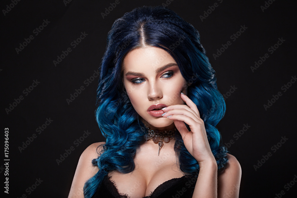 Beauty face of a girl with blue hair with a braid hair. Beauty face of a girl with blue hair with a braid hair.