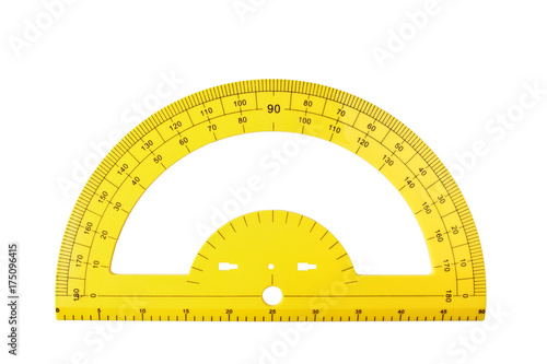 yellow school protractor isolated on a white background photo