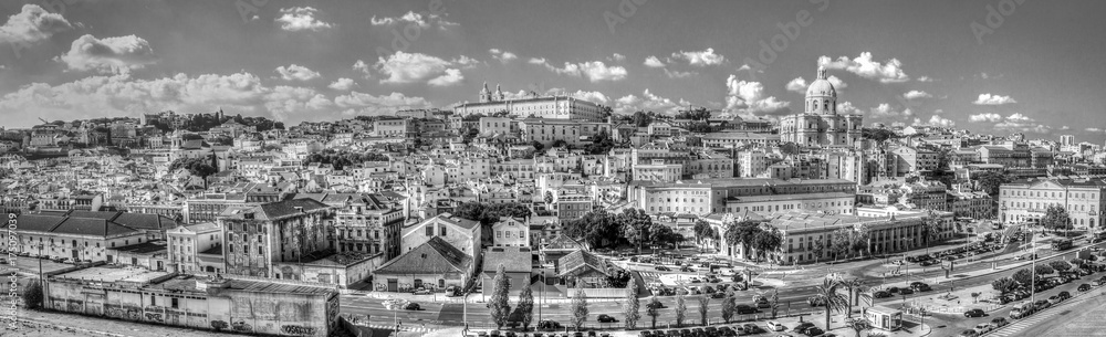 Lissabon city overview, panorama,B/W,round,artistic