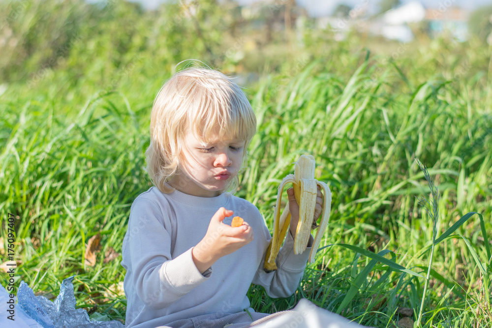 Blond Slavic Baby boy eats carrot and banana sitting on grass during outing at a summertime - healthy feeding