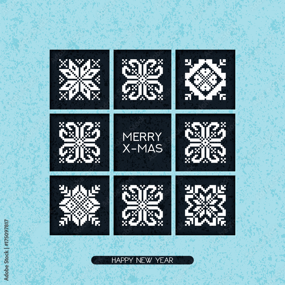 Fototapeta vector holiday christmas postcard with greeting words and ornament patchwork. design for christmas, cards, presents, covers, posters