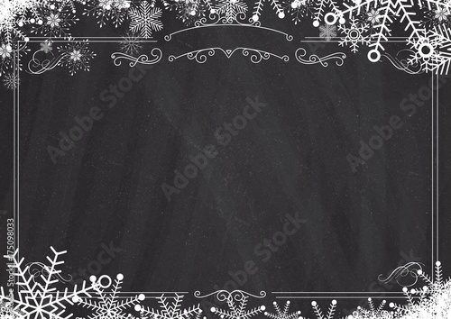 Christmas winter snowflake retro border and blackboard textured background