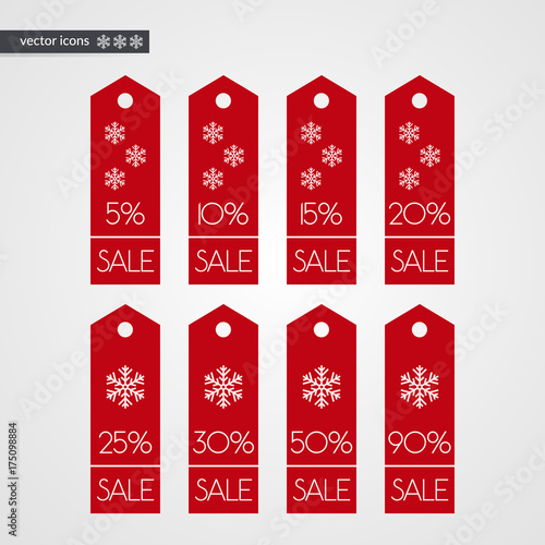 5 10 15 20 25 30 50 90 percent off shopping tag vector icons. Isolated discount winter symbols. Illustration signs set for christmas sale, advertisement, marketing project, business, shop, store