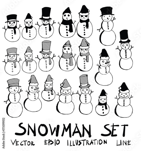 Hand drawn snowman isolated. Vector sketch black and white background illustration icon doodle eps10