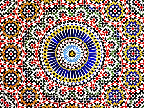 The colorful geometric patterns of an Islamic mosaic decorate the walls of a kasbah in the Atlas Mountains of Morocco.