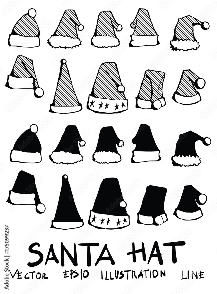 Hand drawn santa hat isolated. Vector sketch black and white background illustration icon doodle eps10 Hand drawn santa hat isolated. Vector sketch black and white background illustration icon doodle eps10