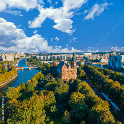 Aerial cityscape of Kant Island in Kaliningrad, Russia at sunny autumn day with beautiful cloudy sky