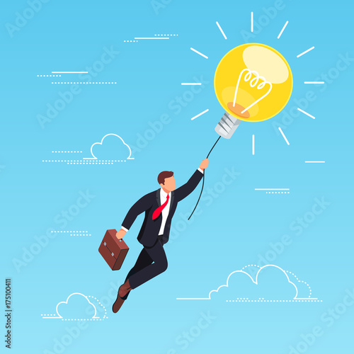 Businessman flying on light bulb in the sky.