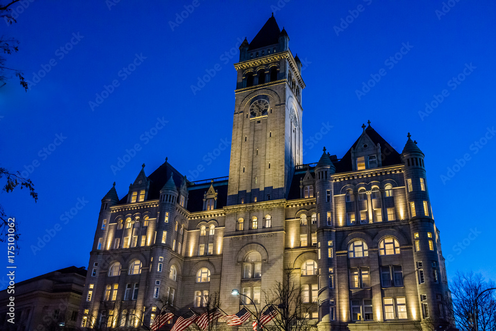 Washington DC National Old Post Office Tower during blue hour at night