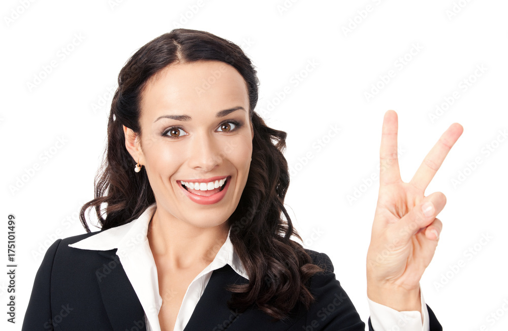 Businesswoman showing two fingers, on white Businesswoman showing two fingers, on white