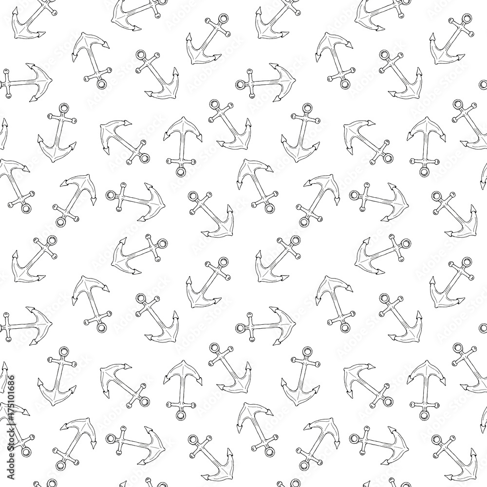 Hand drawn coloring book illustration seamless pattern background with anchors isolated on white