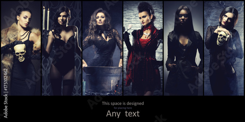 Collage of different women in Halloween costumes. Glamour collection.
