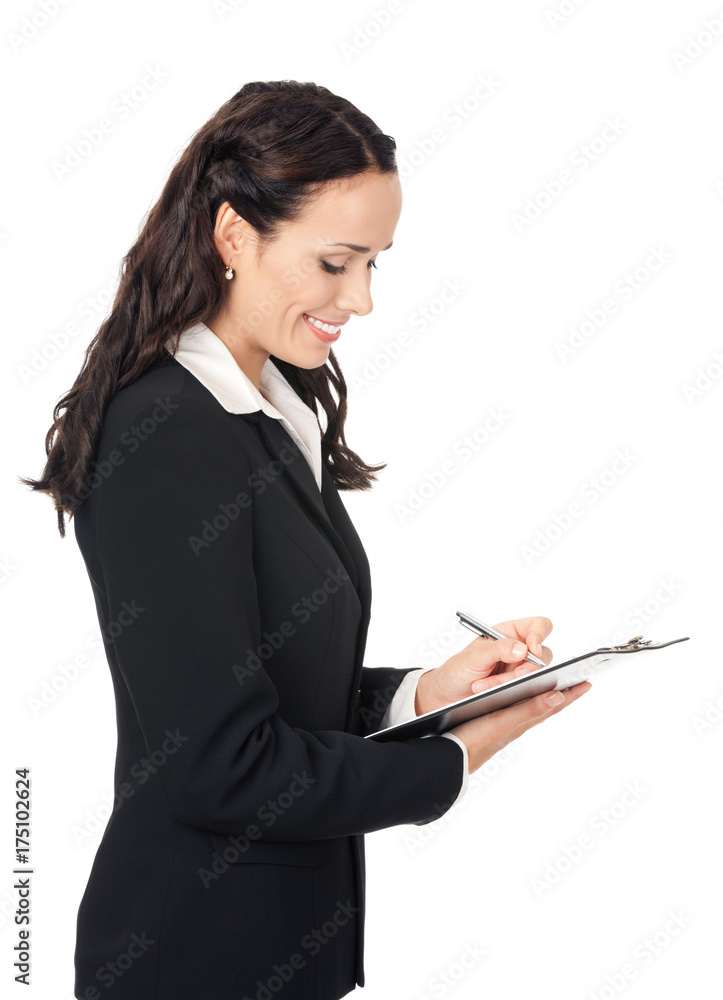 Businesswoman with clipboard writing, isolated Businesswoman with clipboard writing, isolated