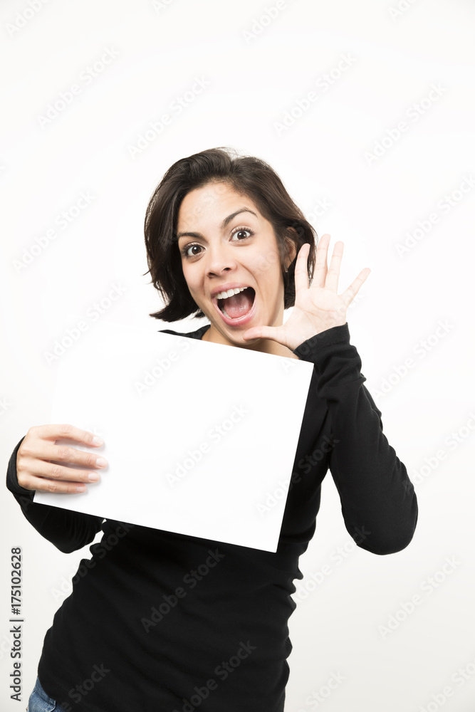 Beautiful young woman holding a blank sheet of paper Beautiful young woman holding a blank sheet of paper