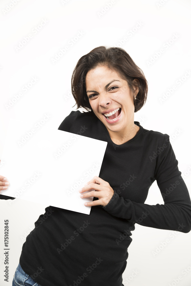 Beautiful young woman holding a blank sheet of paper Beautiful young woman holding a blank sheet of paper
