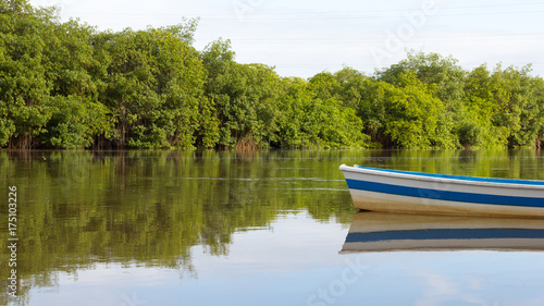 Calm river with a small boat docked at the shore.
