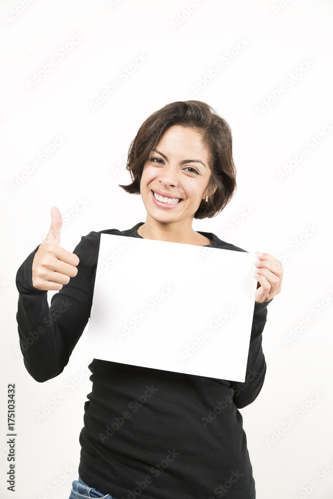 Beautiful young woman holding a blank sheet of paper Beautiful young woman holding a blank sheet of paper