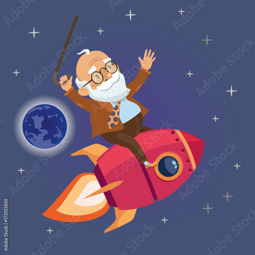 active old man flying rocket in the starry sky. vector