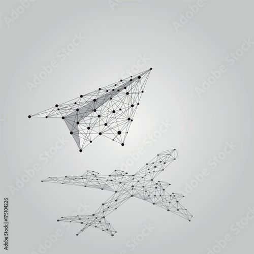 Abstract mash line and point origami plane with shadow in form of airliner. Vector business illustration. Polygonal low poly. Hided potential, motivation, business goal and personal growth concept. 