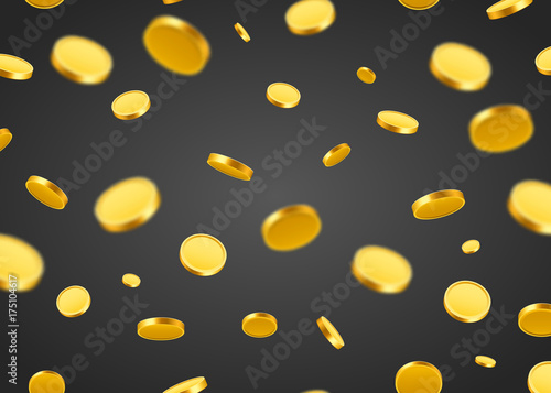 Falling coins, falling money, flying gold coins, golden rain. Jackpot or success concept. Seamless background.