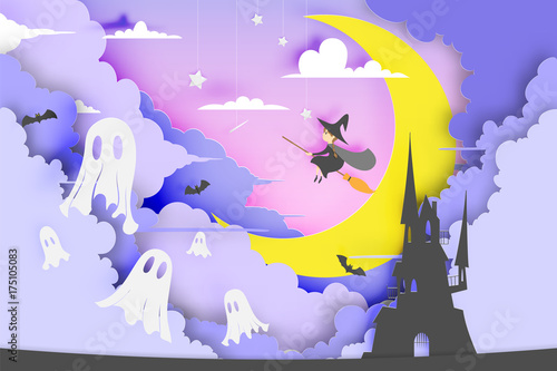 Witch on the broom paper art style with smile pumpkin in the background for halloween party