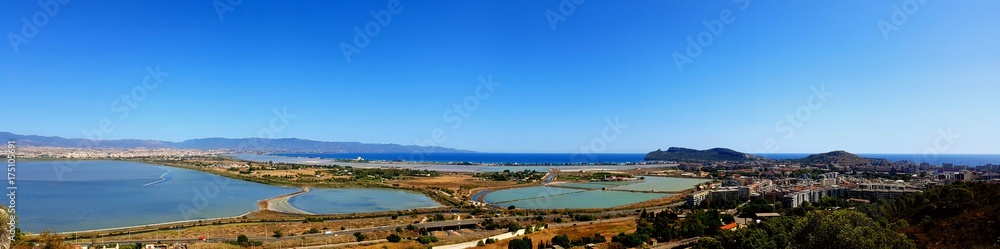 panoramic view of Cagliari and salt marshes from Monte Urpinu in a beautiful sunny day