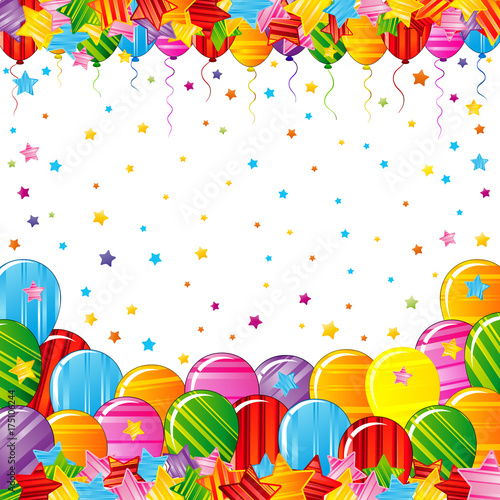 Bright colorful stars and balloons border on a white background. Festive birthday party poster. Celebration illustration.