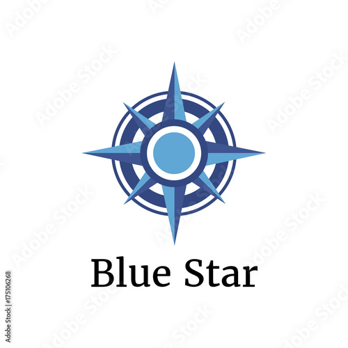 Wind rose in blue color. 3d design. Compass icon. Vector logo template for Adventures or travels. Simple and minimalistic logotype. Can be used as print on T-shirt.