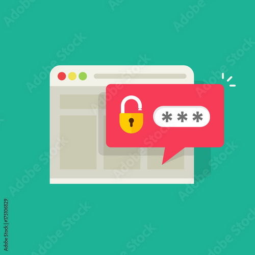 Password notification bubble with open lock in browser widow vector illustration, flat carton style login or signin icon