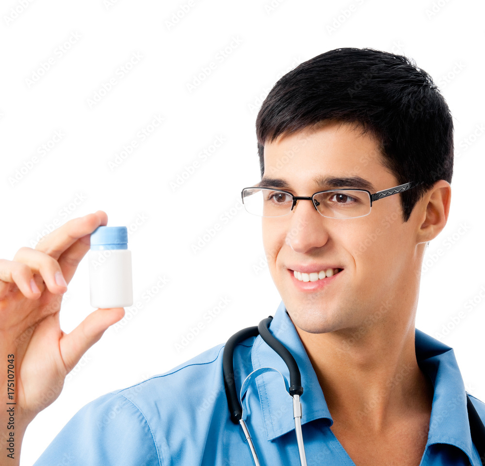 Happy doctor with medicament, isolated Happy doctor with medicament, isolated