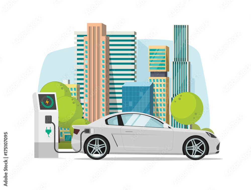 Electric car charging from charger station near city vector illustration, concept of eco city with modern automobile, flat cartoon style