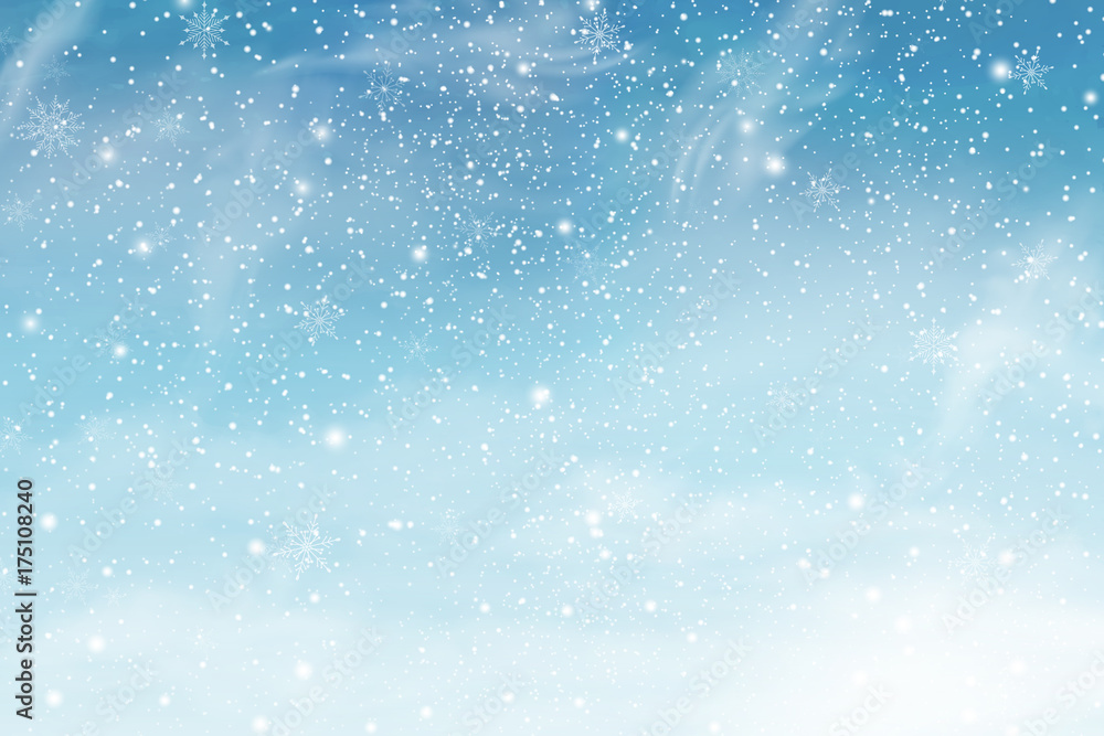 Winter christmas sky with falling snow. Snowflakes, snowfall. Vector illustration.