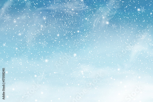 Winter christmas sky with falling snow. Snowflakes, snowfall. Vector illustration.
