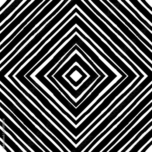 Seamless abstract diamond pattern. Hand drawn stripes in rhomboid layout, black outlines on white background. Grunge texture, relaxed geometry. Textile print. Wallpaper.