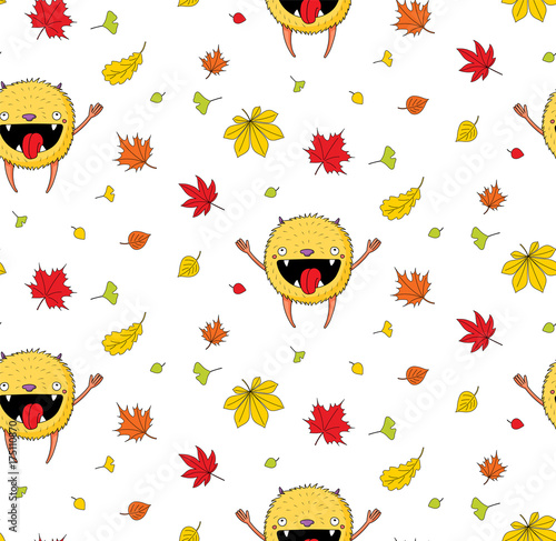Hand drawn cute seamless vector pattern with a cute little monster jumping happily among the autumn leaves, on a white background.
