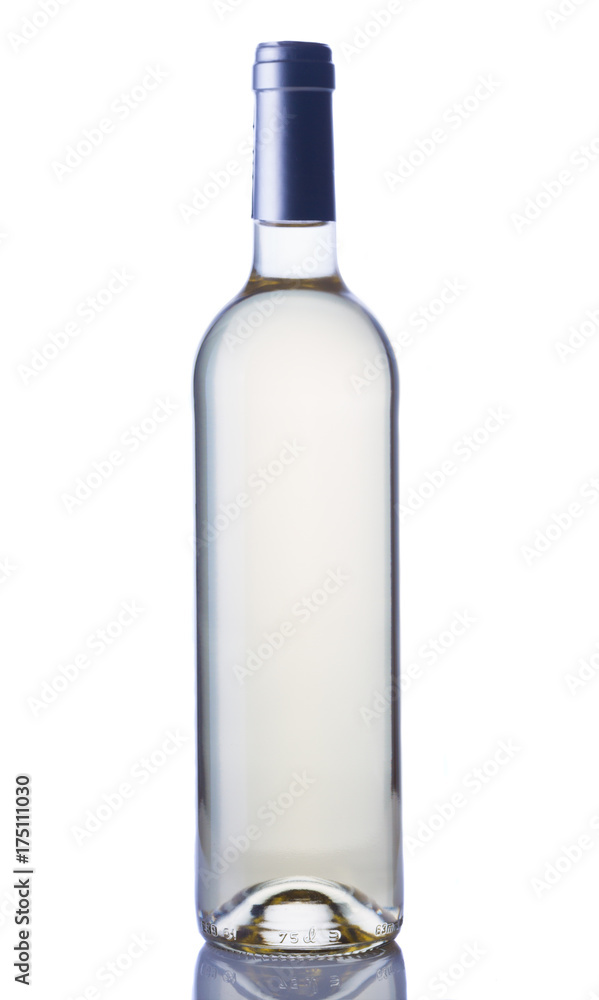 Bottle of transparent white wine isolated on white background