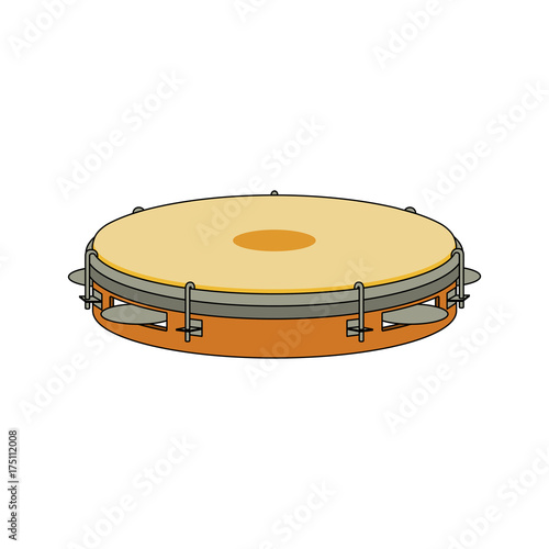 Isolated colorful decorative ornate tambourine, pandeiro on white background. Colored brazilian musical instrument for bateria of capoeira. Side view.