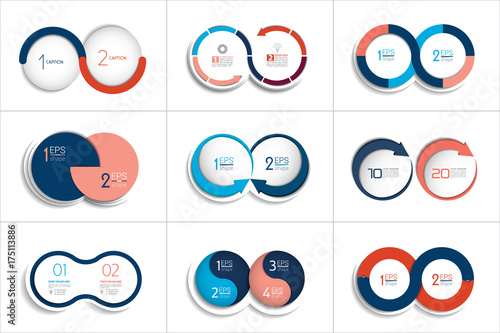 Mega set of two elements, steps chart, diagram, scheme. Circle, round design.