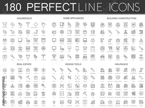 180 modern thin line icons set of household, home appliances, building construction, real estate, design tools, insurance. photo