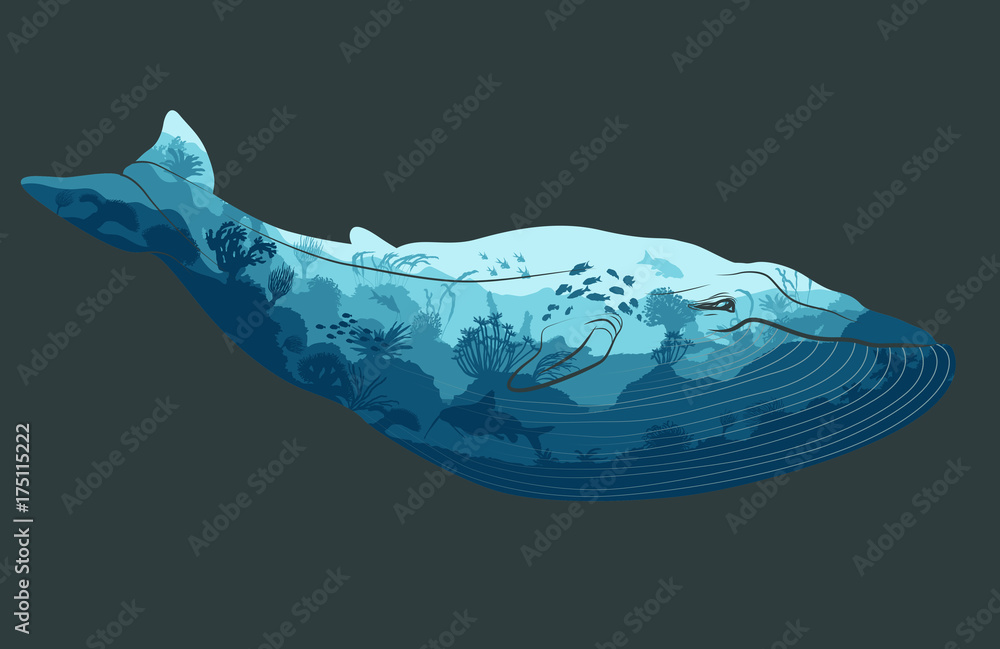 Double exposure, whale and Ocean underwater world Double exposure, whale and Ocean underwater world
